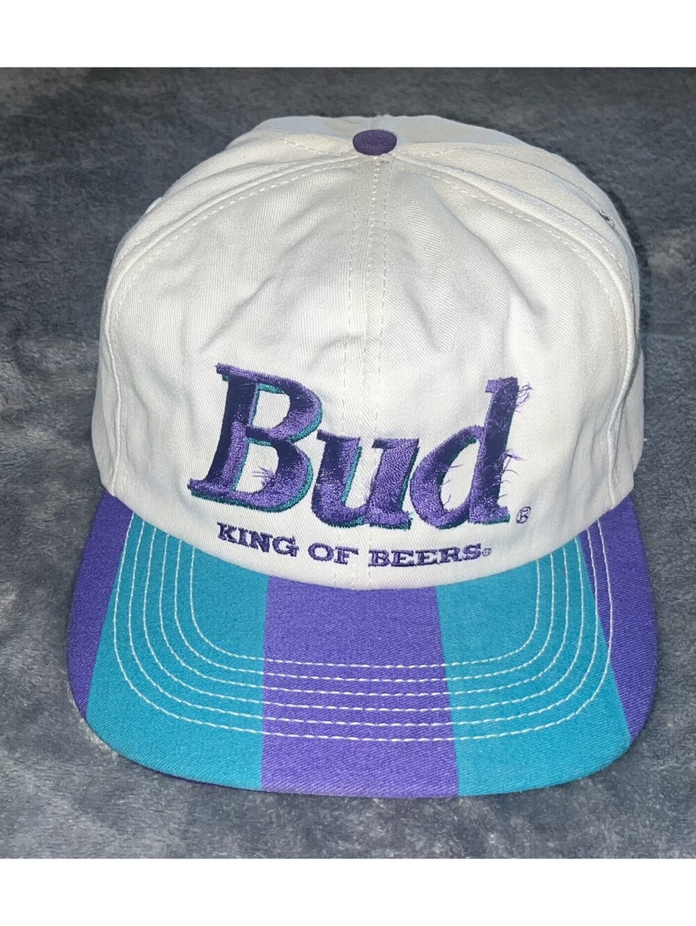 Vintage Budweiser King of Beers Purple Teal Snapback Hat Made in USA